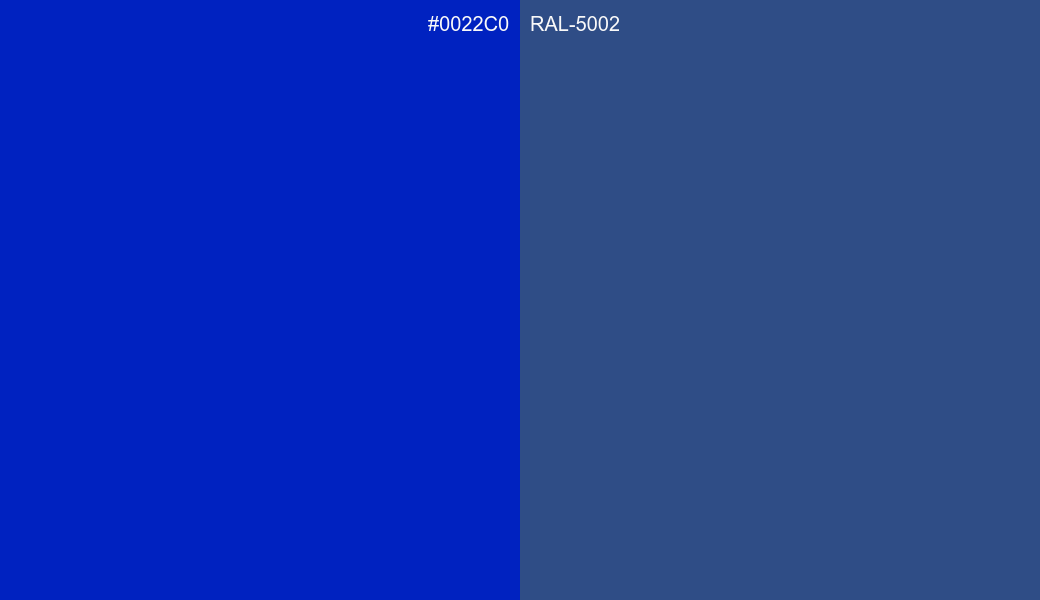 HEX Color 0022C0 to RAL 5002 Conversion comparison