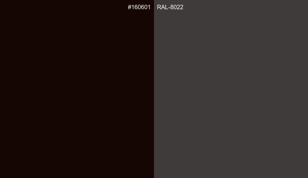 HEX Color 160601 to RAL 8022 Conversion comparison