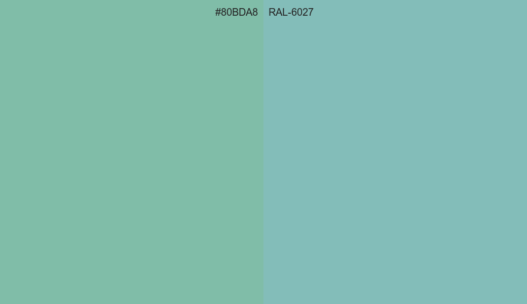 HEX Color 80BDA8 to RAL 6027 Conversion comparison
