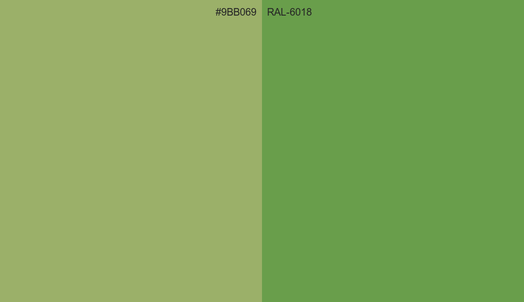 HEX Color 9BB069 to RAL 6018 Conversion comparison
