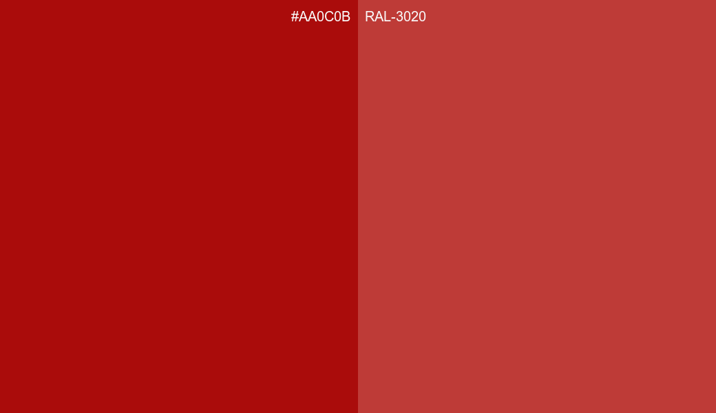 HEX Color AA0C0B to RAL 3020 Conversion comparison