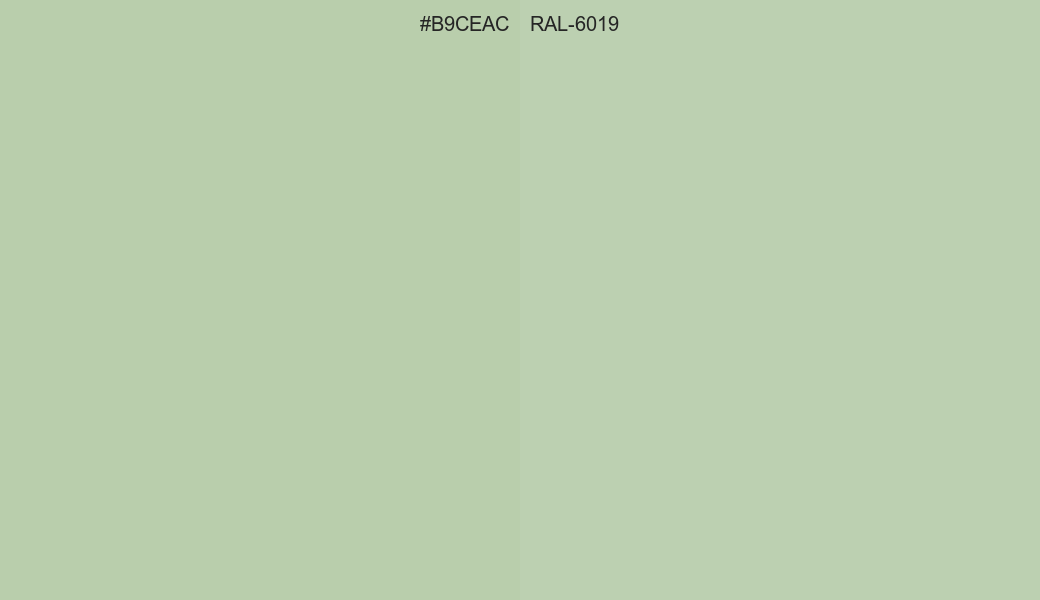 HEX Color B9CEAC to RAL 6019 Conversion comparison