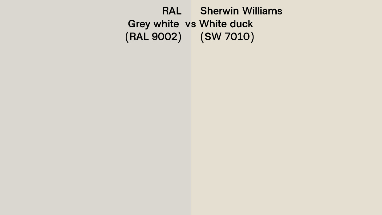 RAL Grey white (RAL 9002) vs Sherwin Williams White duck (SW 7010) side by side RAL Grey white (RAL 9002) vs Sherwin Williams White duck (SW 7010) side by side