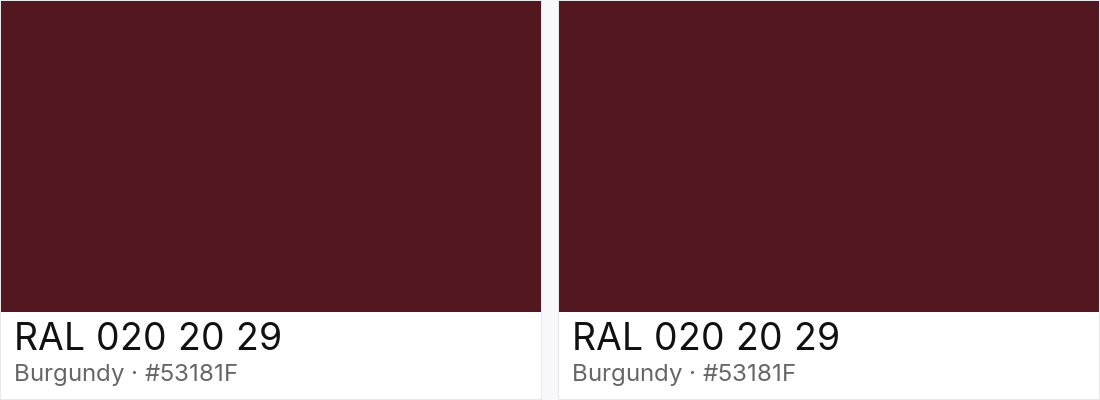 RAL 020 20 29 vs RAL 020 20 29 — side-by-side RAL color comparison