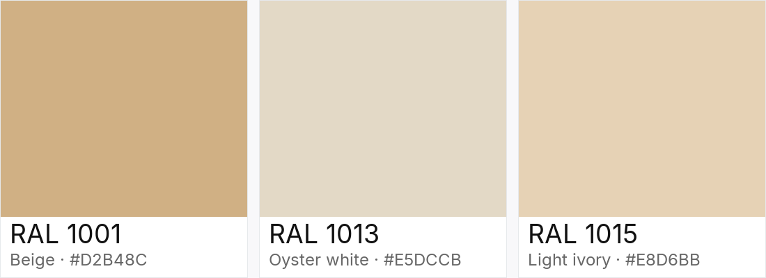 RAL 1001 vs RAL 1013 vs RAL 1015 — side-by-side RAL color comparison