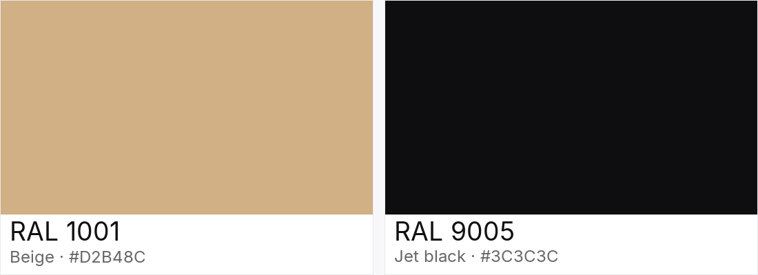 RAL 1001 vs RAL 9005 — side-by-side RAL color comparison