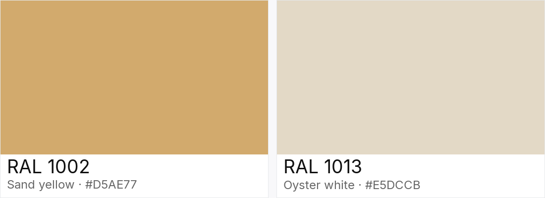 RAL 1002 vs RAL 1013 — side-by-side RAL color comparison