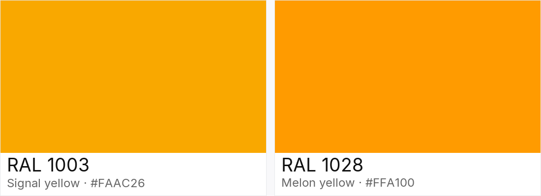 RAL 1003 vs RAL 1028 — side-by-side RAL color comparison