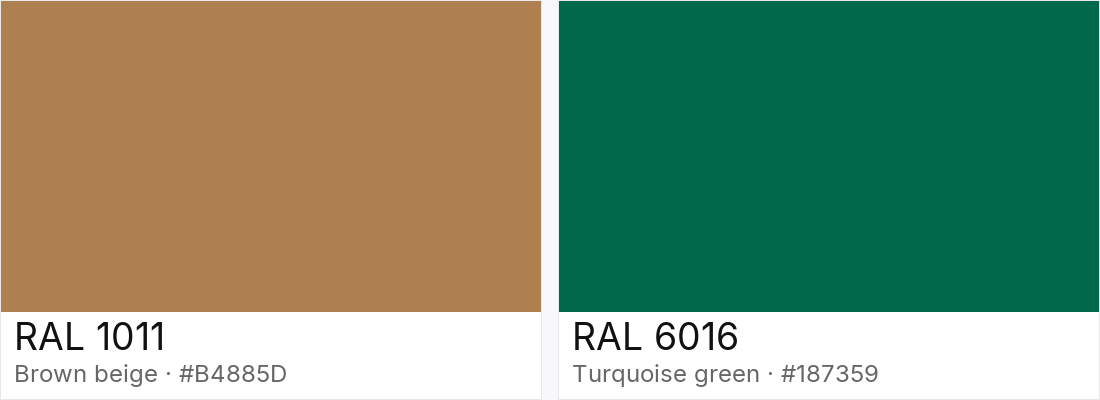 RAL 1011 vs RAL 6016 — side-by-side RAL color comparison