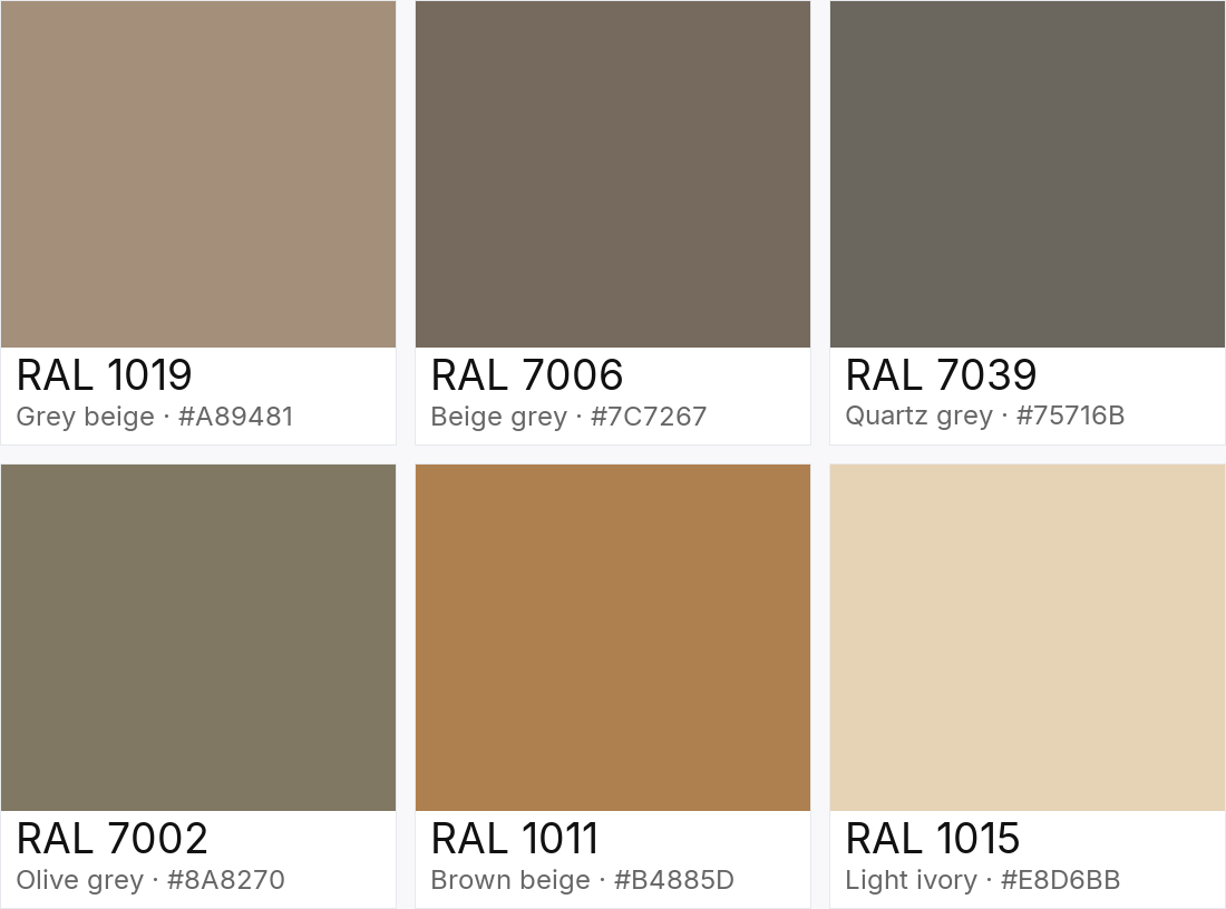 RAL 1019 vs RAL 7006 vs RAL 7039 vs RAL 7002 vs RAL 1011 vs RAL 1015 — side-by-side RAL color comparison