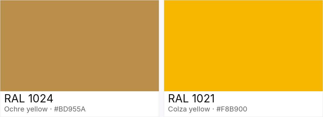 RAL 1024 vs RAL 1021 — side-by-side RAL color comparison