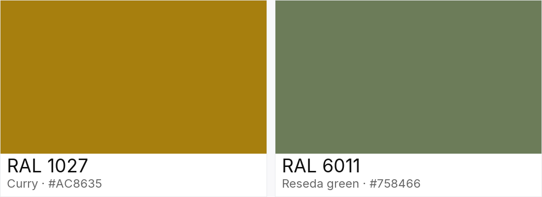 RAL 1027 vs RAL 6011 — side-by-side RAL color comparison