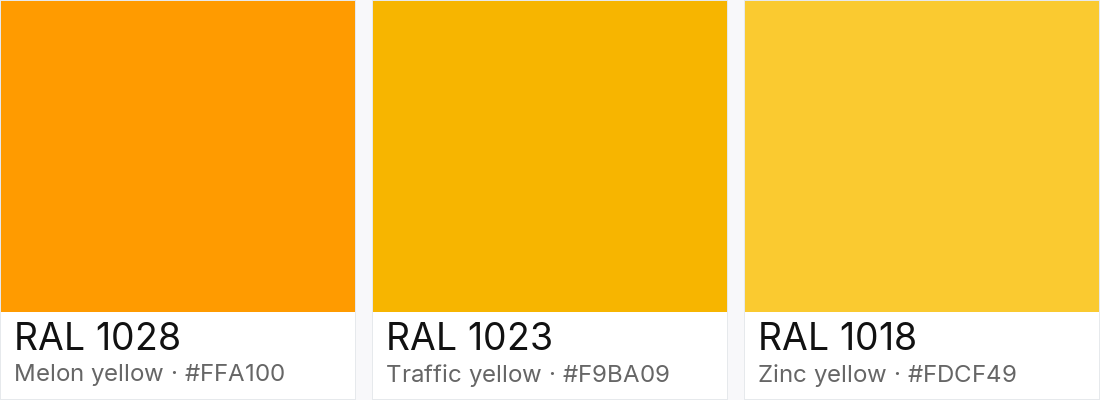 RAL 1028 vs RAL 1023 vs RAL 1018 — side-by-side RAL color comparison