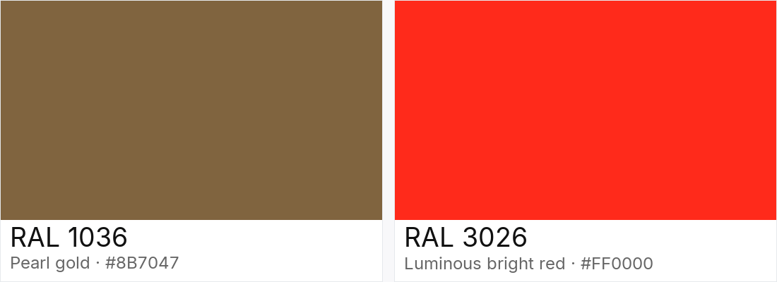 RAL 1036 vs RAL 3026 — side-by-side RAL color comparison