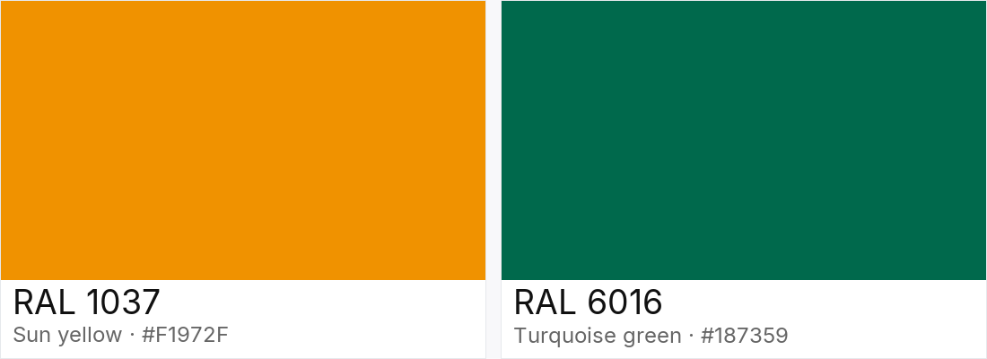 RAL 1037 vs RAL 6016 — side-by-side RAL color comparison