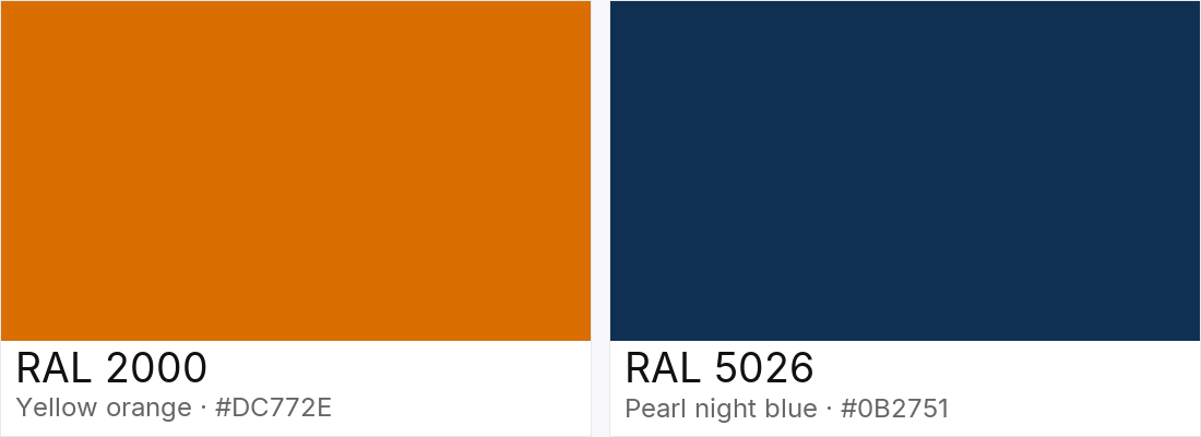 RAL 2000 vs RAL 5026 — side-by-side RAL color comparison