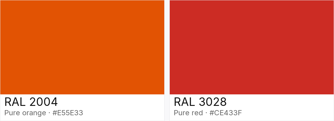 RAL 2004 vs RAL 3028 — side-by-side RAL color comparison