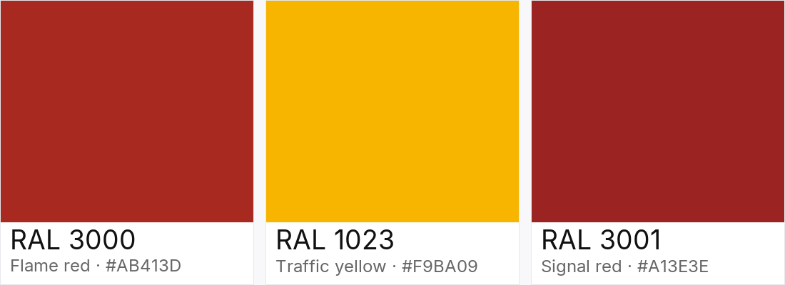 RAL 3000 vs RAL 1023 vs RAL 3001 — side-by-side RAL color comparison