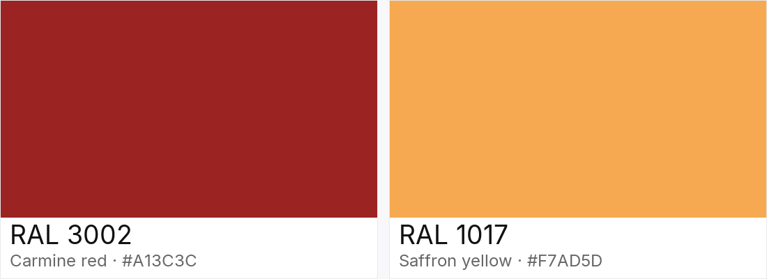 RAL 3002 vs RAL 1017 — side-by-side RAL color comparison