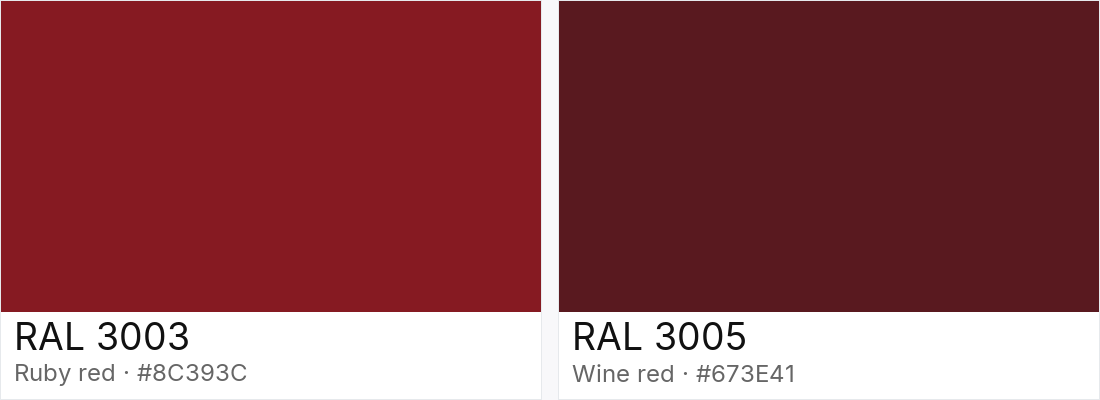RAL 3003 vs RAL 3005 — side-by-side RAL color comparison