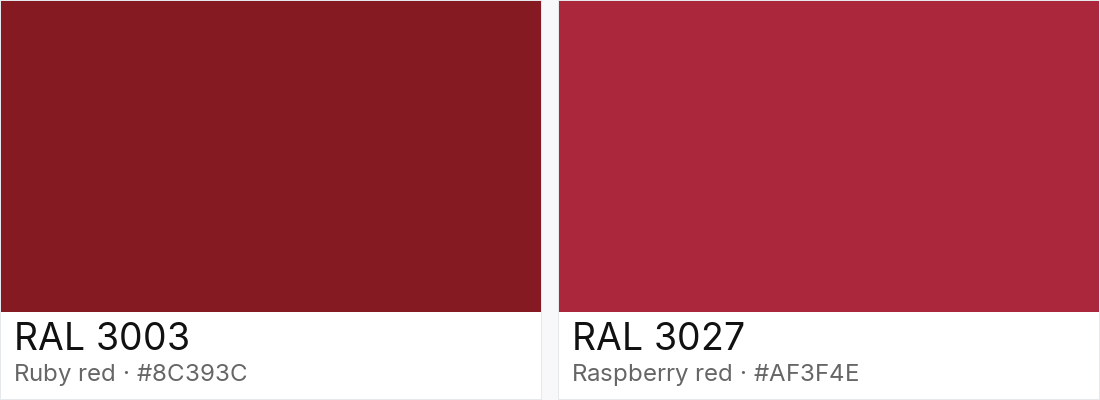 RAL 3003 vs RAL 3027 — side-by-side RAL color comparison