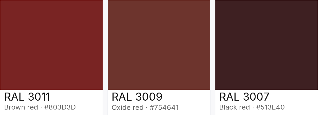 RAL 3011 vs RAL 3009 vs RAL 3007 — side-by-side RAL color comparison