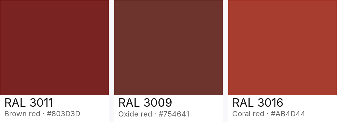 RAL 3011 vs RAL 3009 vs RAL 3016 — side-by-side RAL color comparison