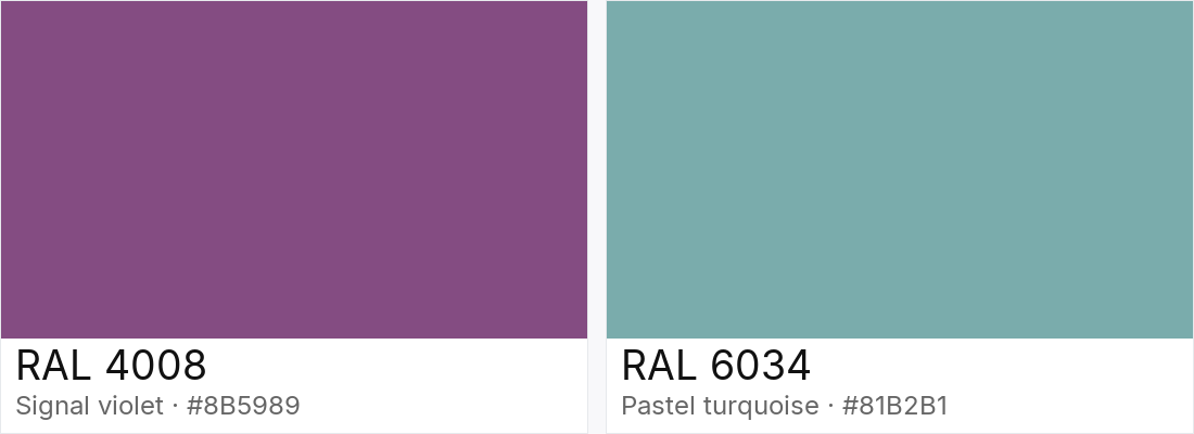 RAL 4008 vs RAL 6034 — side-by-side RAL color comparison