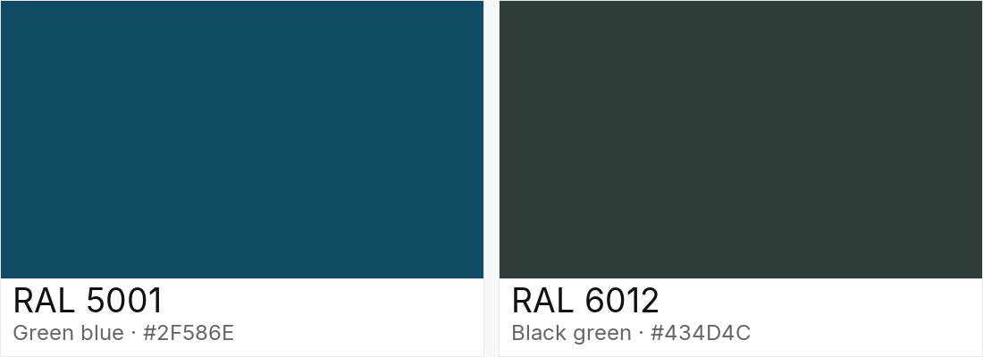 RAL 5001 vs RAL 6012 — side-by-side RAL color comparison