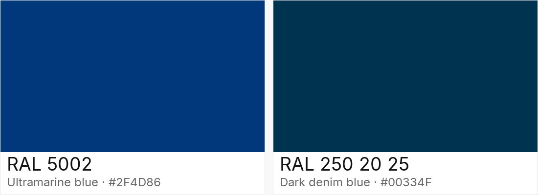 RAL 5002 vs RAL 250 20 25 — side-by-side RAL color comparison