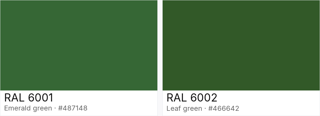 RAL 6001 vs RAL 6002 — side-by-side RAL color comparison