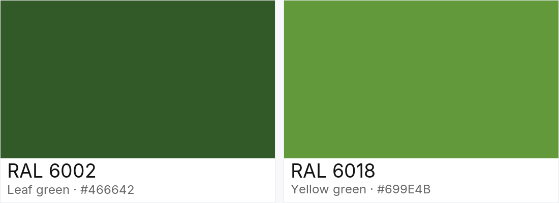 RAL 6002 vs RAL 6018 — side-by-side RAL color comparison
