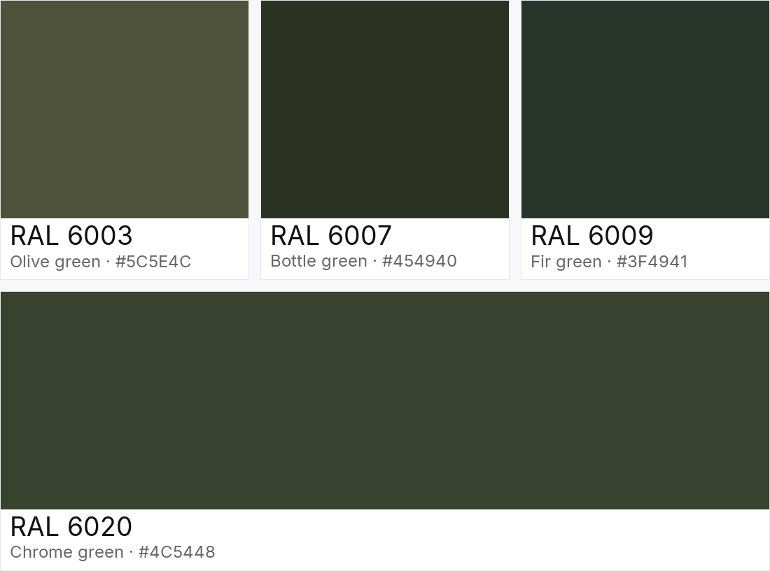 RAL 6003 vs RAL 6007 vs RAL 6009 vs RAL 6020 — side-by-side RAL color comparison