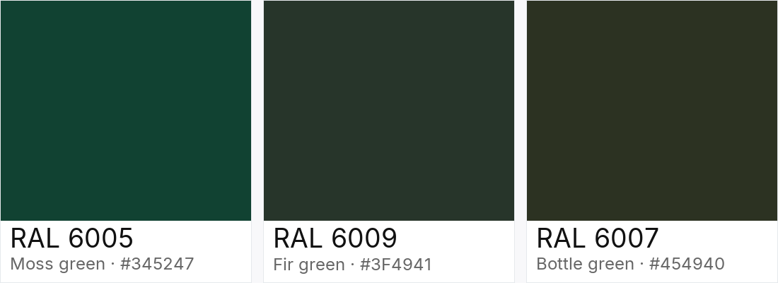 RAL 6005 vs RAL 6009 vs RAL 6007 — side-by-side RAL color comparison