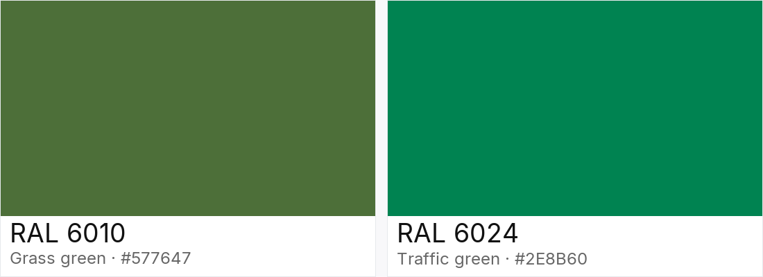 RAL 6010 vs RAL 6024 — side-by-side RAL color comparison
