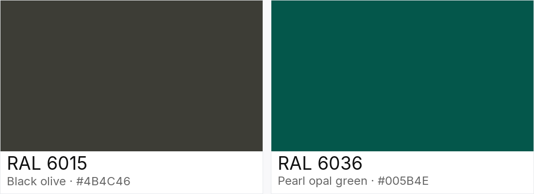RAL 6015 vs RAL 6036 — side-by-side RAL color comparison