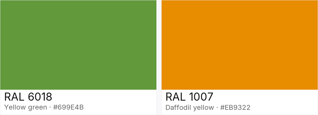 RAL 6018 vs RAL 1007 — side-by-side RAL color comparison