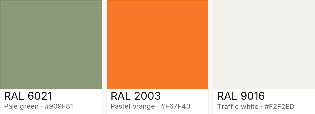 RAL 6021 vs RAL 2003 vs RAL 9016 — side-by-side RAL color comparison
