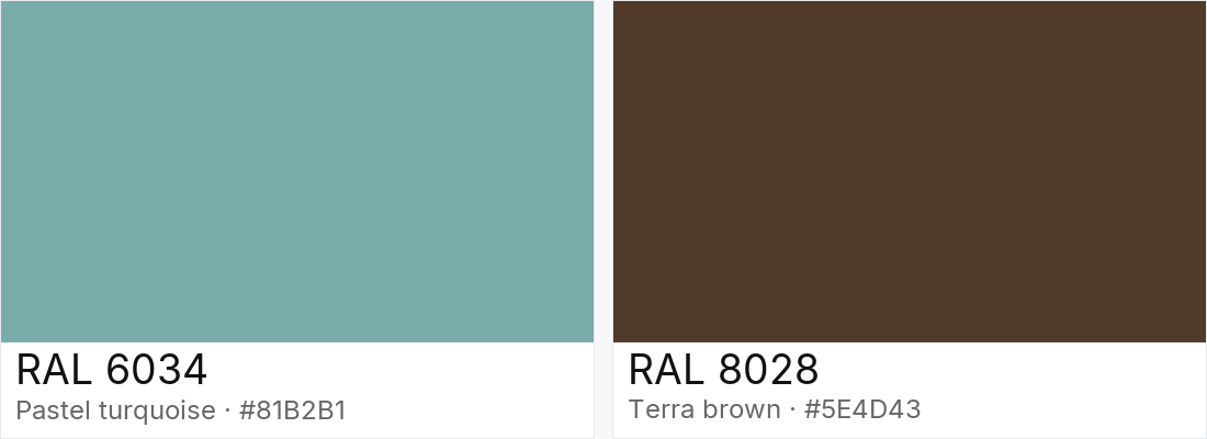 RAL 6034 vs RAL 8028 — side-by-side RAL color comparison