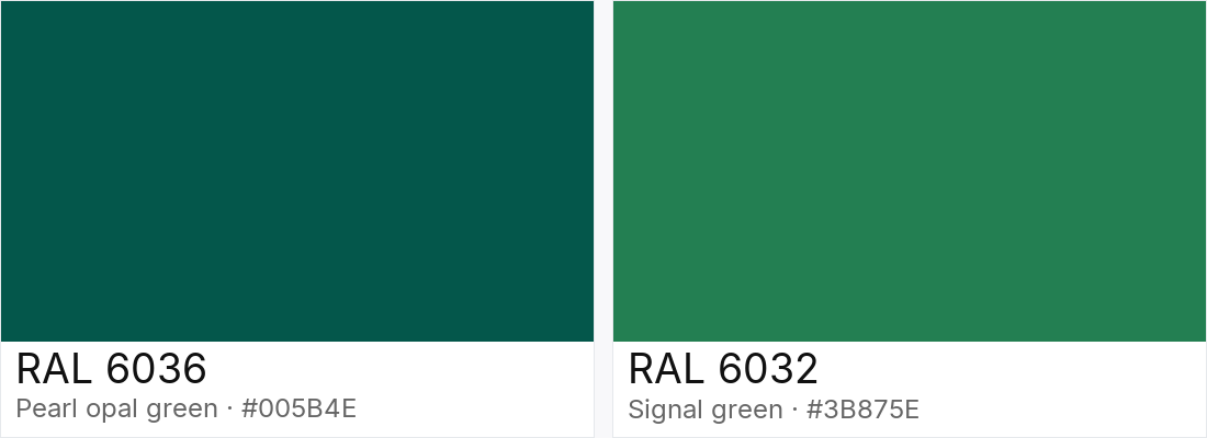 RAL 6036 vs RAL 6032 — side-by-side RAL color comparison