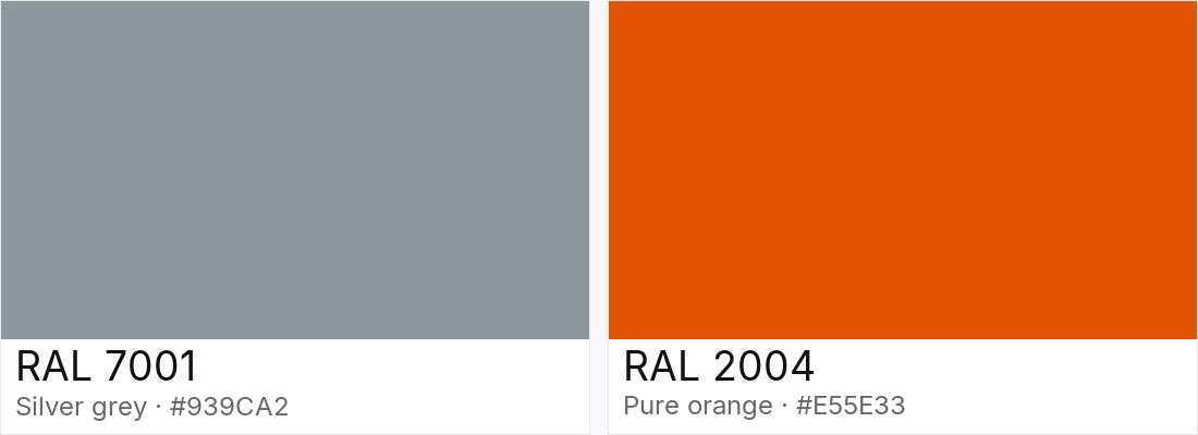 RAL 7001 vs RAL 2004 — side-by-side RAL color comparison