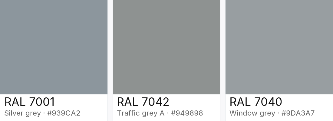 RAL 7001 vs RAL 7042 vs RAL 7040 — side-by-side RAL color comparison