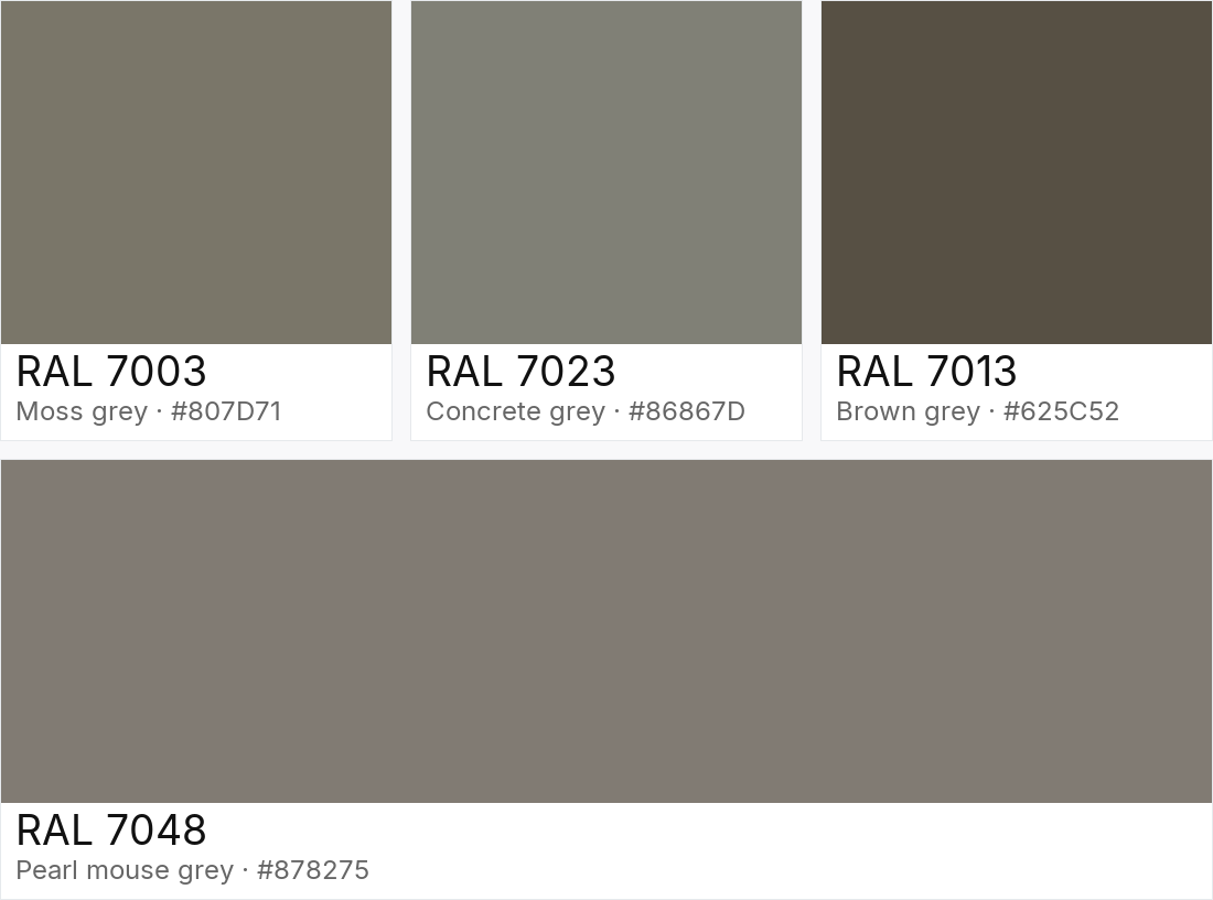 RAL 7003 vs RAL 7023 vs RAL 7013 vs RAL 7048 — side-by-side RAL color comparison