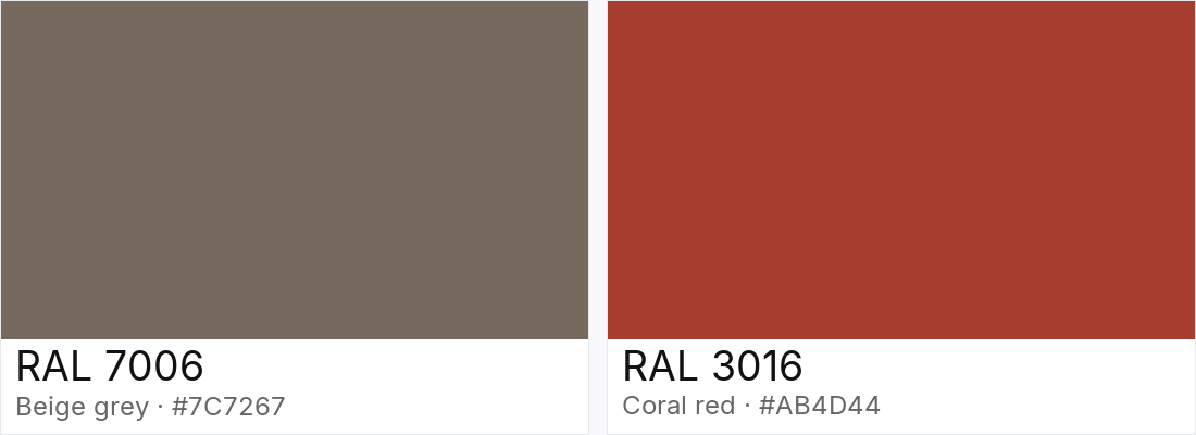 RAL 7006 vs RAL 3016 — side-by-side RAL color comparison