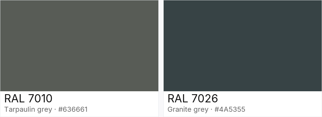 RAL 7010 vs RAL 7026 — side-by-side RAL color comparison