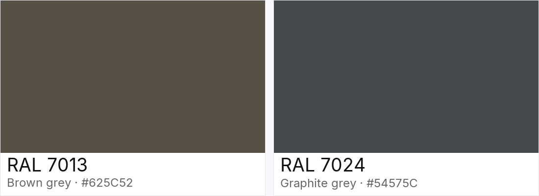 RAL 7013 vs RAL 7024 — side-by-side RAL color comparison