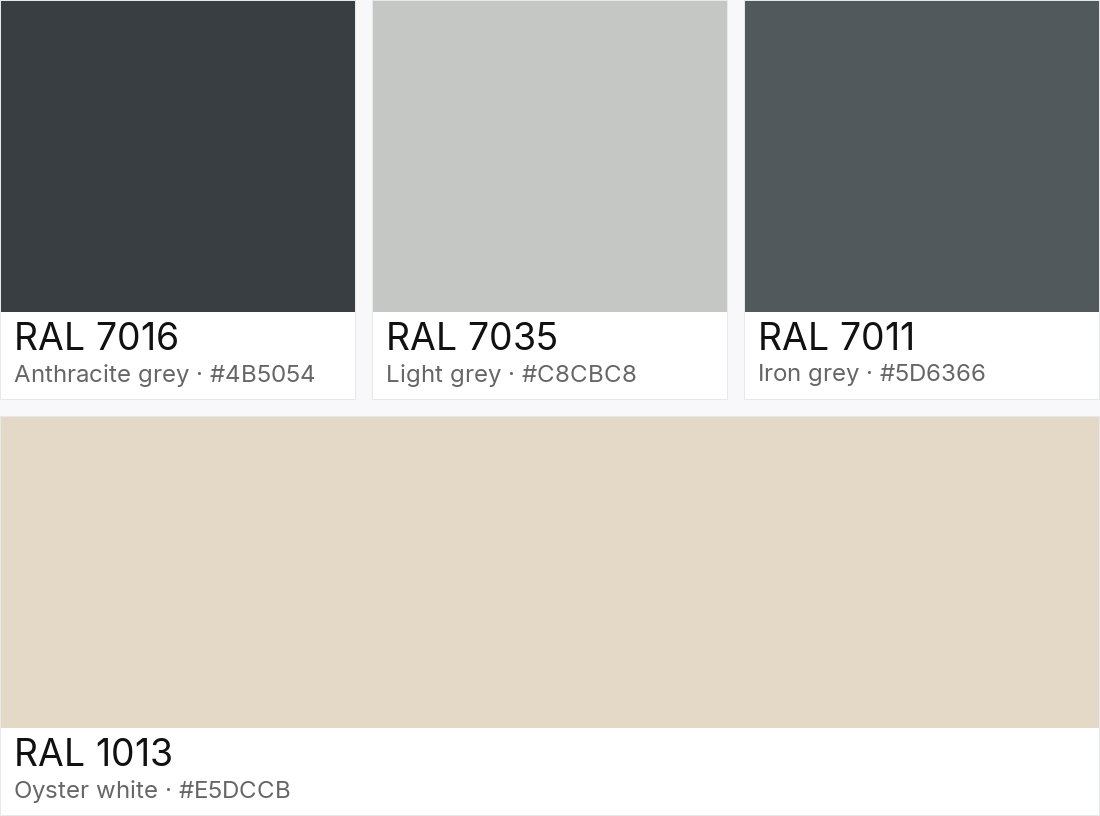 RAL 7016 vs RAL 7035 vs RAL 7011 vs RAL 1013 — side-by-side RAL color comparison