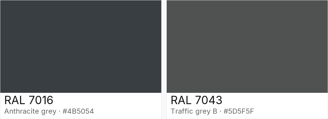 RAL 7016 vs RAL 7043 — side-by-side RAL color comparison