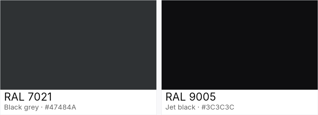 RAL 7021 vs RAL 9005 — side-by-side RAL color comparison