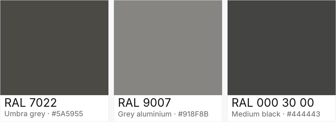 RAL 7022 vs RAL 9007 vs RAL 000 30 00 — side-by-side RAL color comparison
